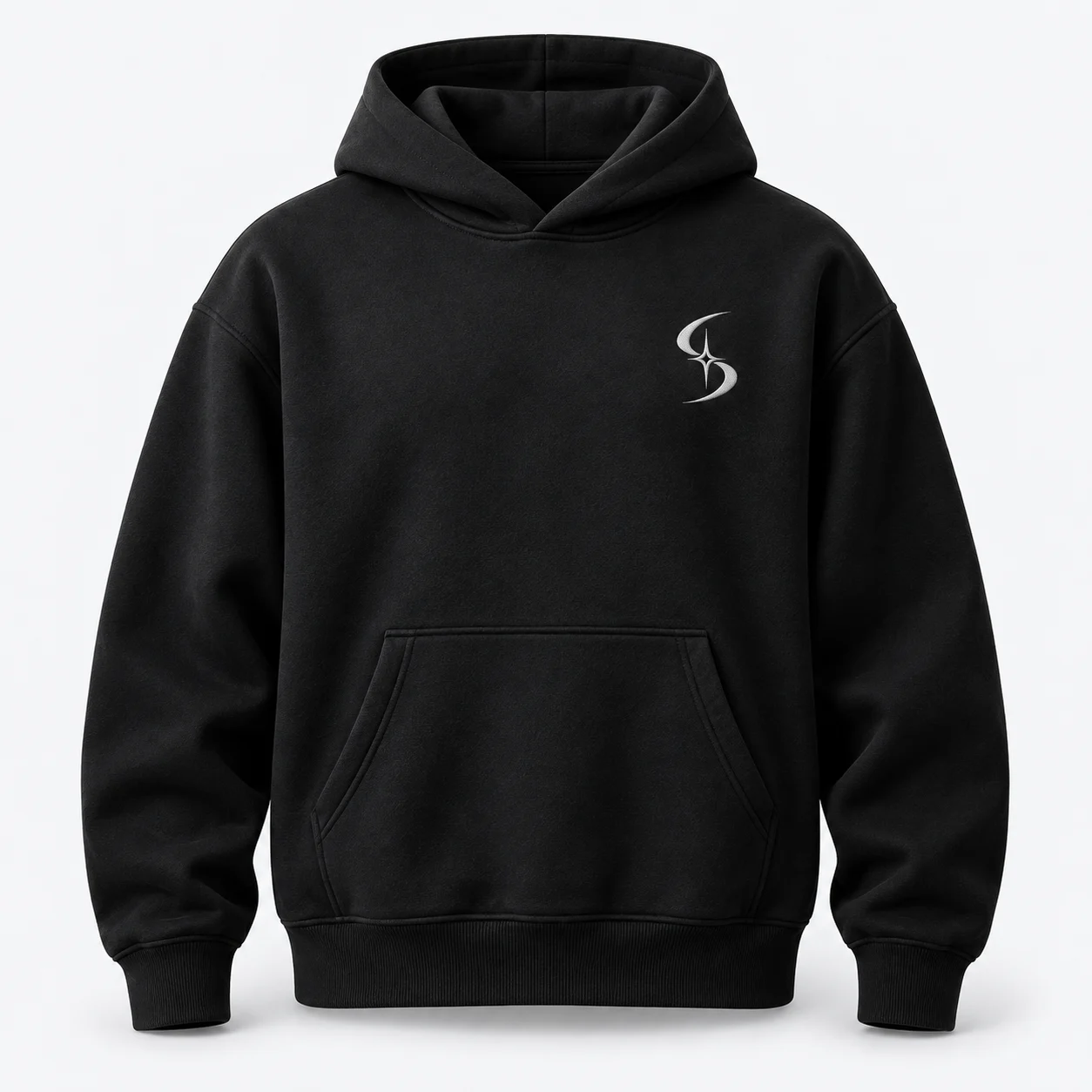 Black DarkStellar hoodie with silver Stellar Fold chest logo