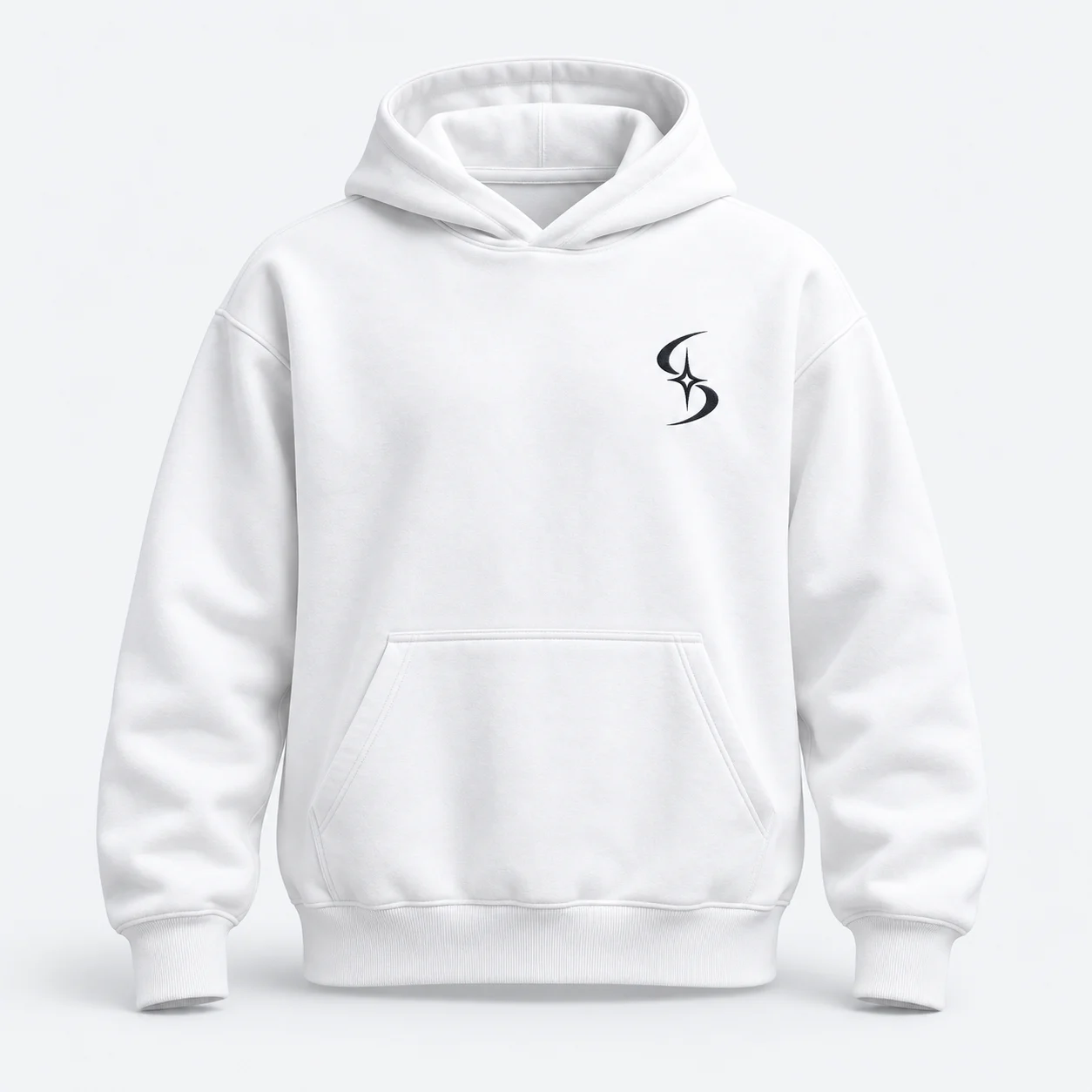 White DarkStellar hoodie with charcoal Stellar Fold chest logo
